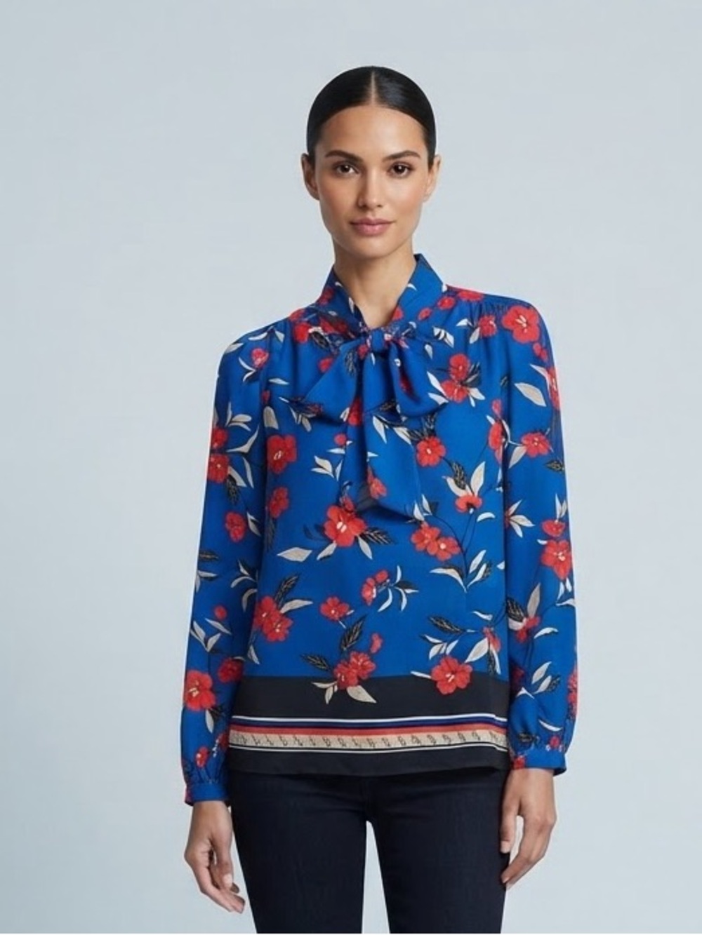 Ann Taylor Blue Floral Bow-Tie Button Down Blouse